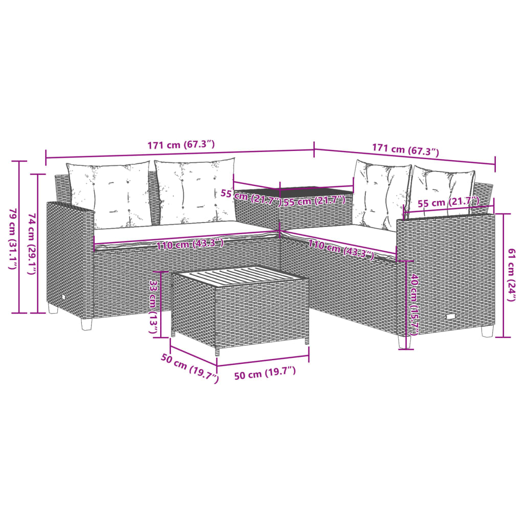 Gartensofa in L-Form mit Tisch und Kissen Beige Poly Rattan