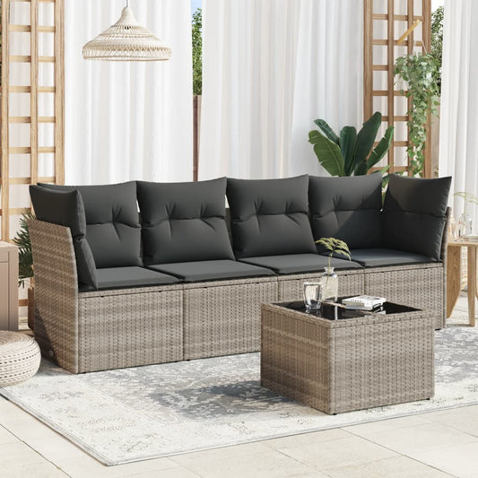 5-tlg. Garten-Sofagarnitur mit Kissen Hellgrau Poly Rattan