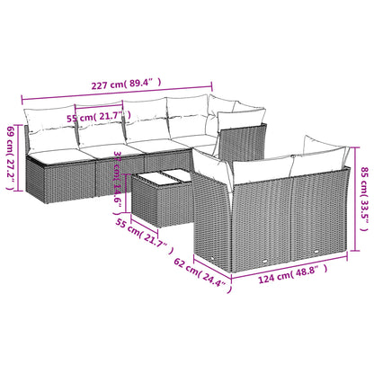 8-tlg. Garten-Sofagarnitur mit Kissen Hellgrau Poly Rattan