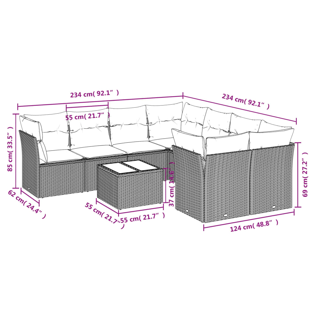 9-tlg. Garten-Sofagarnitur mit Kissen Hellgrau Poly Rattan