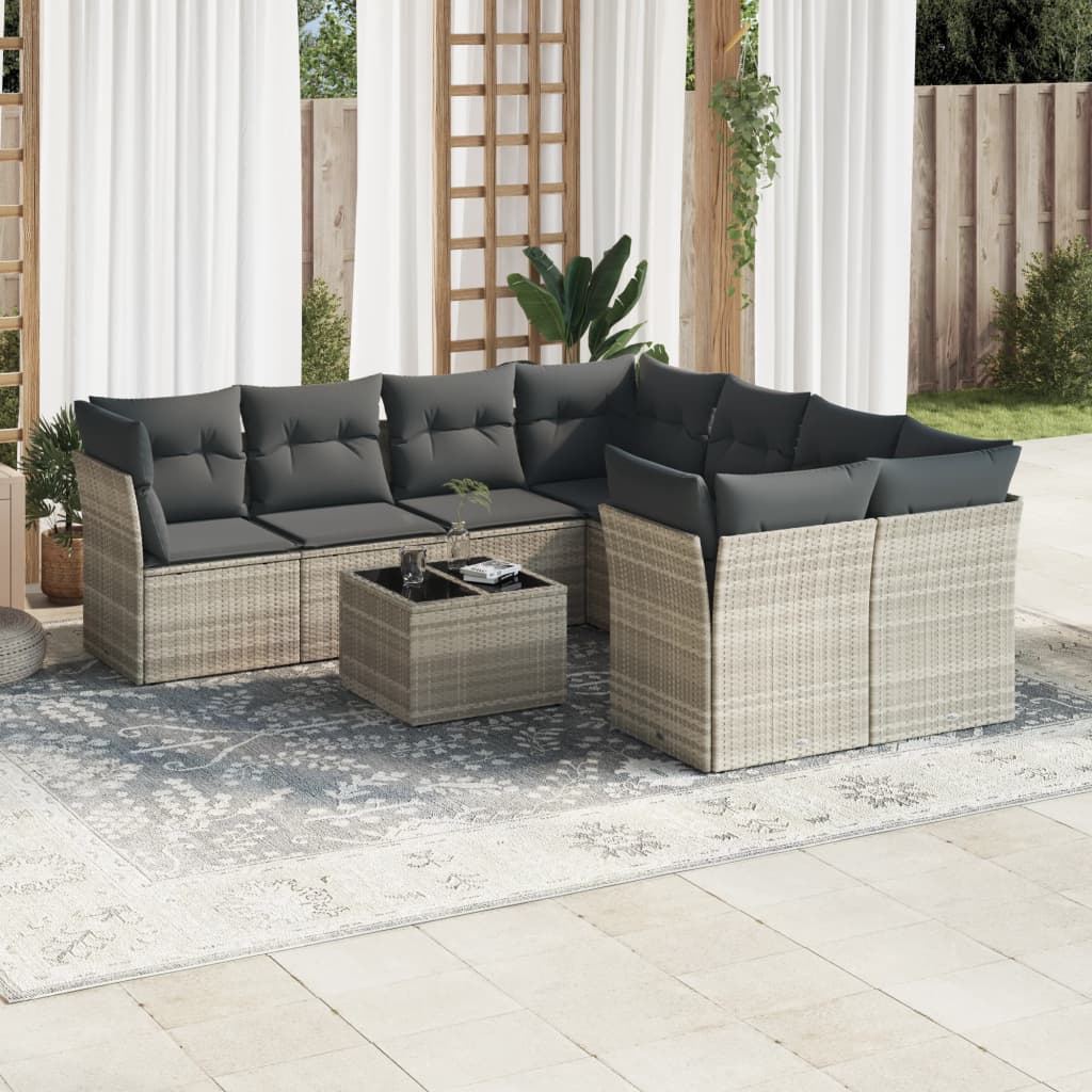 9-tlg. Garten-Sofagarnitur mit Kissen Hellgrau Poly Rattan