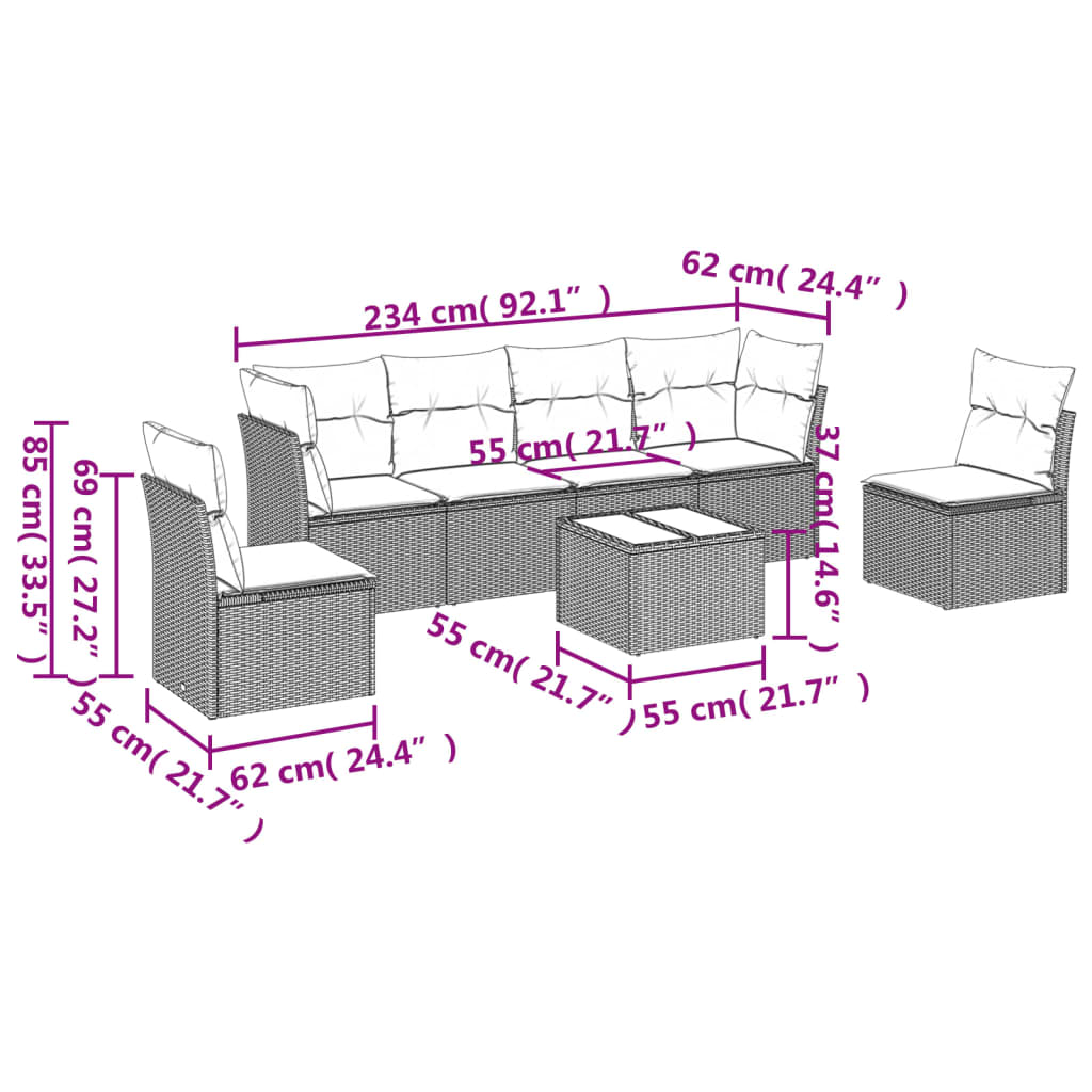 7-tlg. Garten-Sofagarnitur mit Kissen Hellgrau Poly Rattan