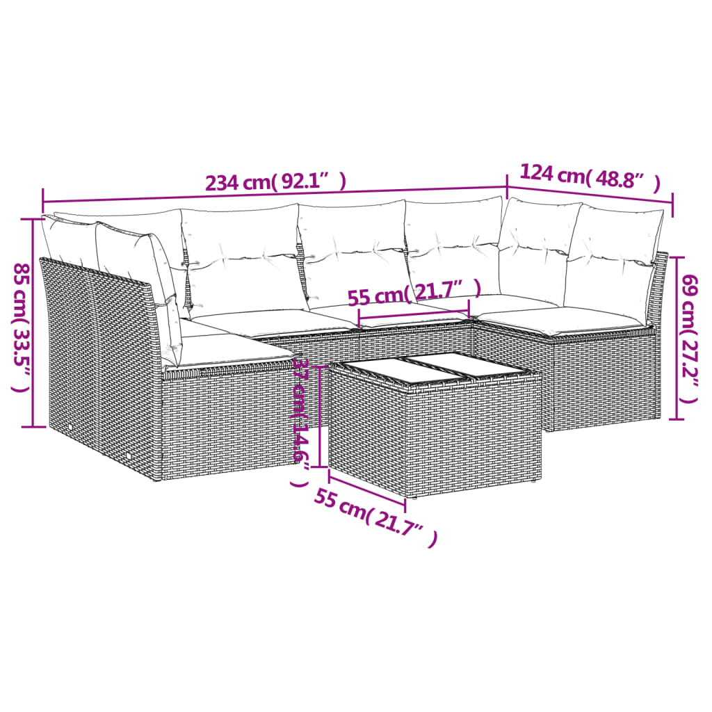 7-tlg. Garten-Sofagarnitur mit Kissen Hellgrau Poly Rattan