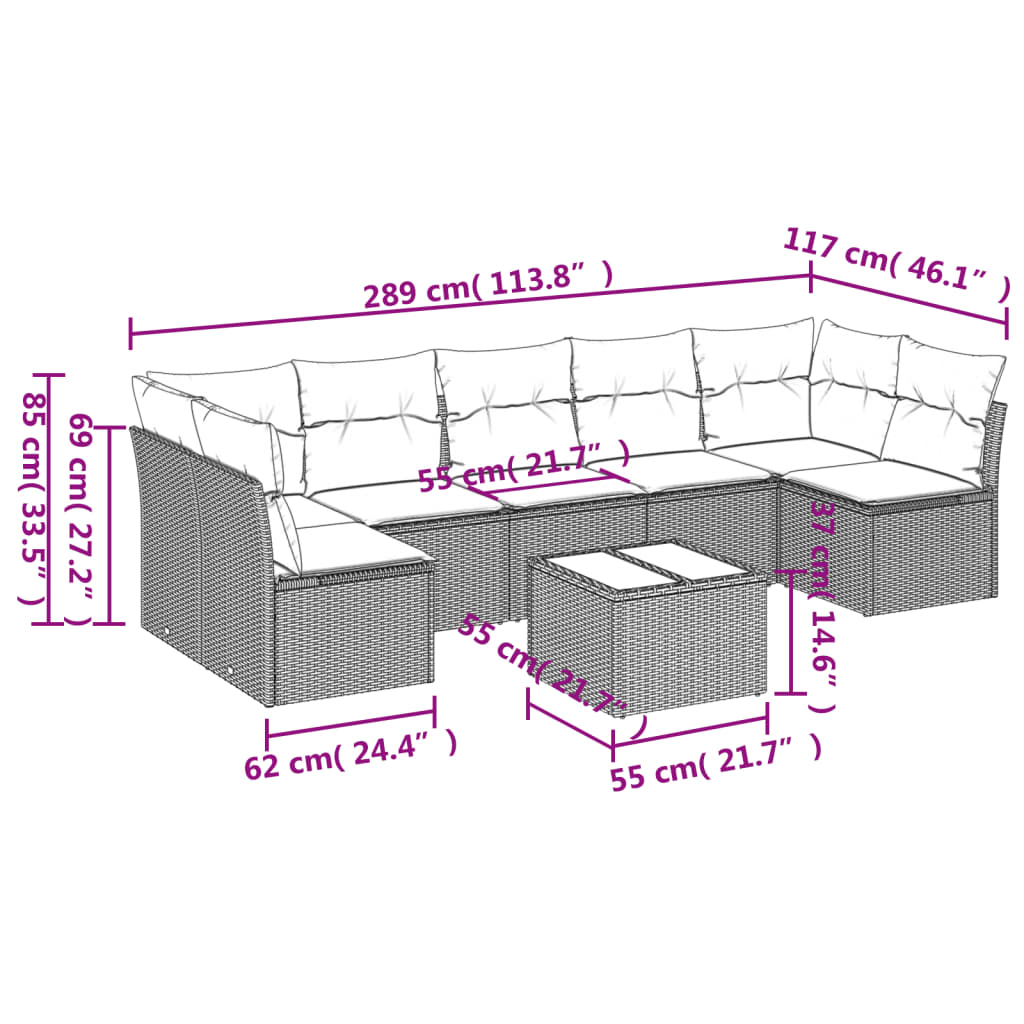 8-tlg. Garten-Sofagarnitur mit Kissen Hellgrau Poly Rattan