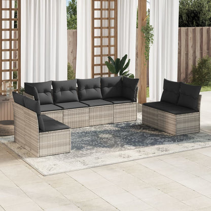 8-tlg. Garten-Sofagarnitur mit Kissen Hellgrau Poly Rattan