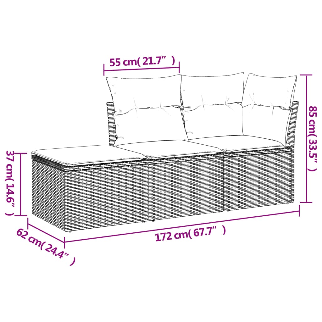 3-tlg. Garten-Sofagarnitur mit Kissen Hellgrau Poly Rattan