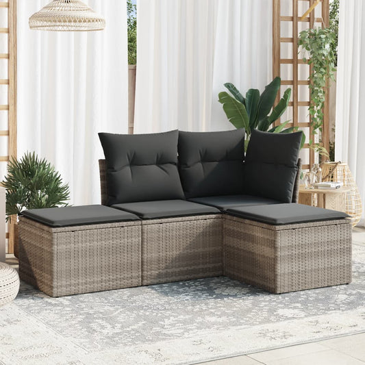 4-tlg. Garten-Sofagarnitur mit Kissen Hellgrau Poly Rattan