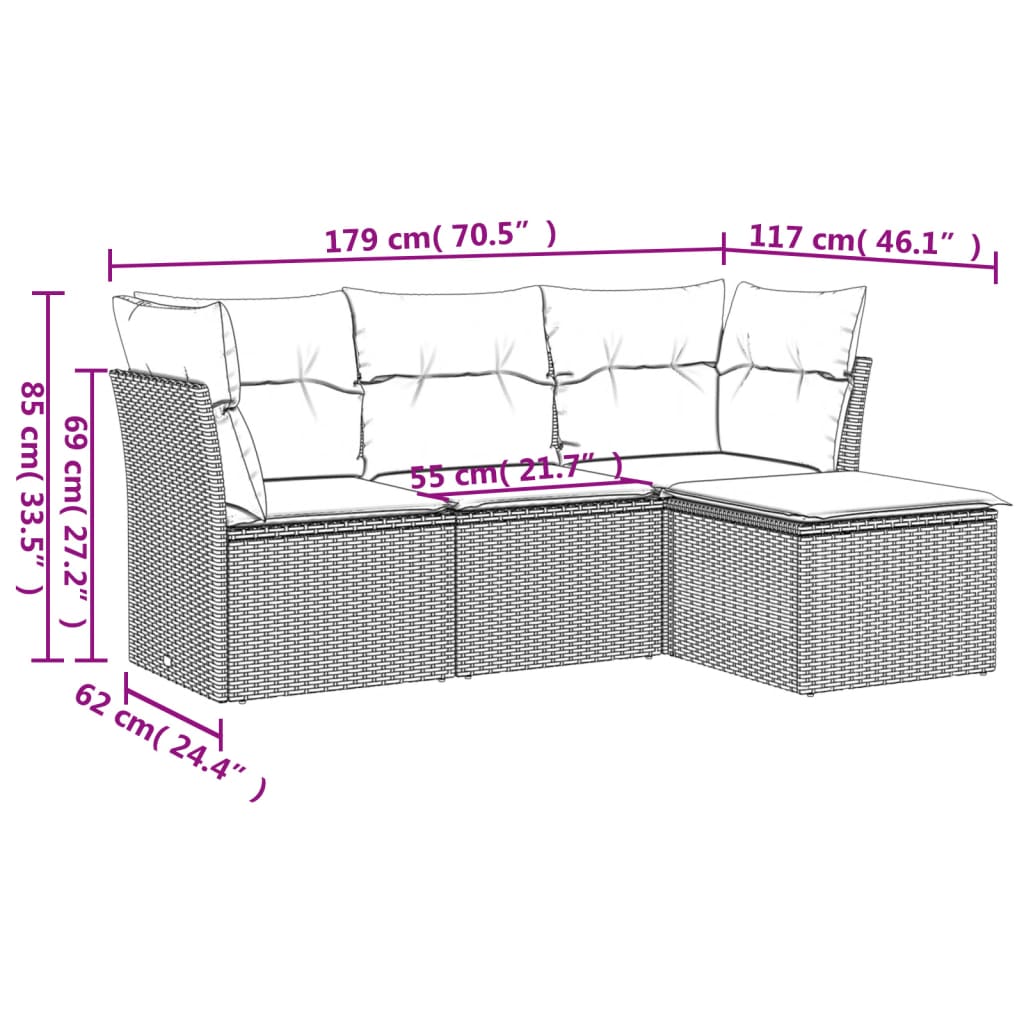 4-tlg. Garten-Sofagarnitur mit Kissen Hellgrau Poly Rattan