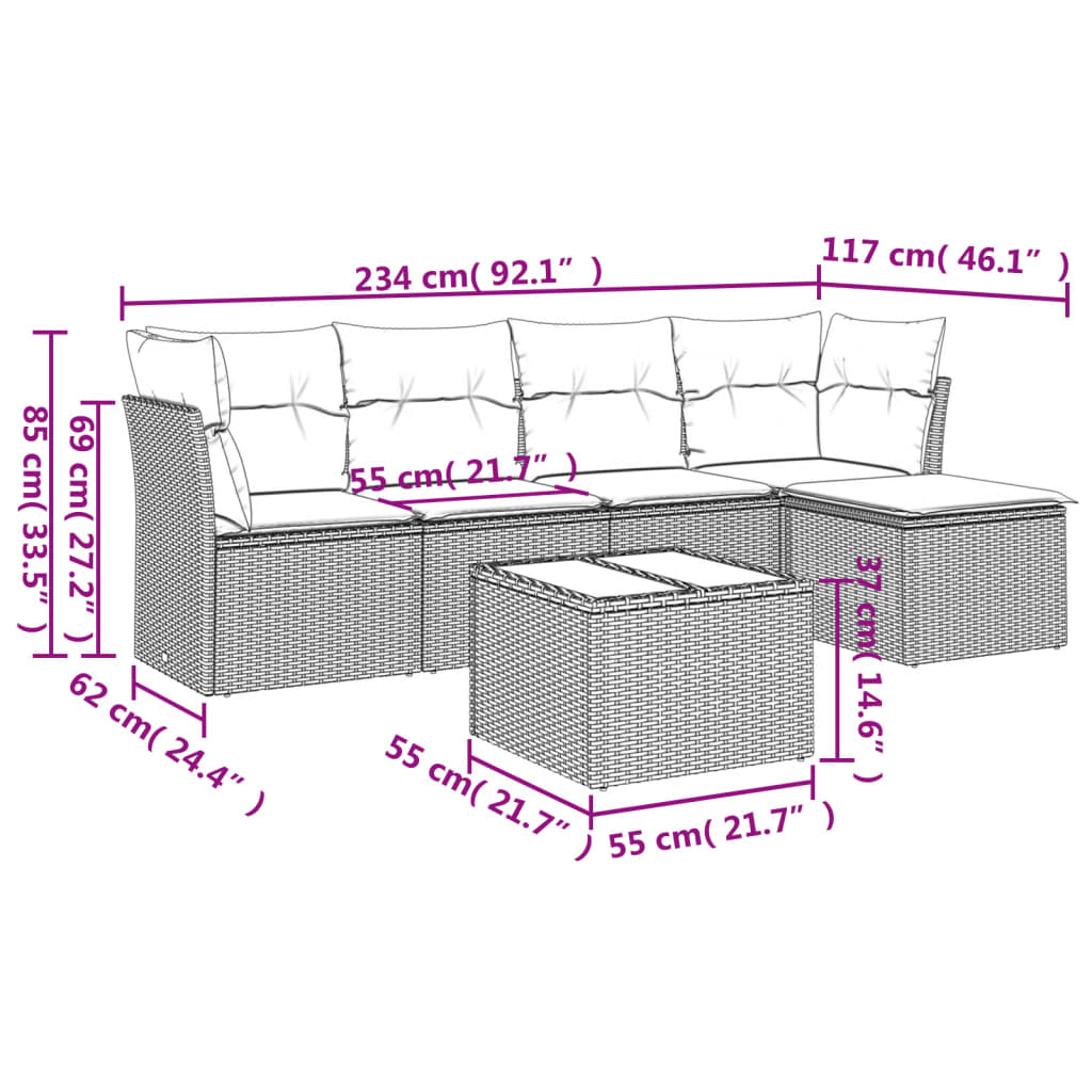 6-tlg. Garten-Sofagarnitur mit Kissen Hellgrau Poly Rattan