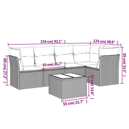 6-tlg. Garten-Sofagarnitur mit Kissen Hellgrau Poly Rattan