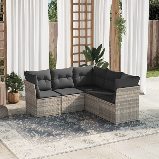 5-tlg. Garten-Sofagarnitur mit Kissen Hellgrau Poly Rattan