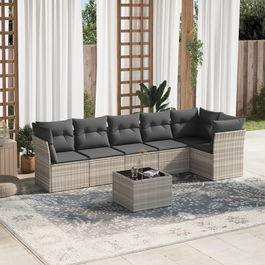 7-tlg. Garten-Sofagarnitur mit Kissen Hellgrau Poly Rattan