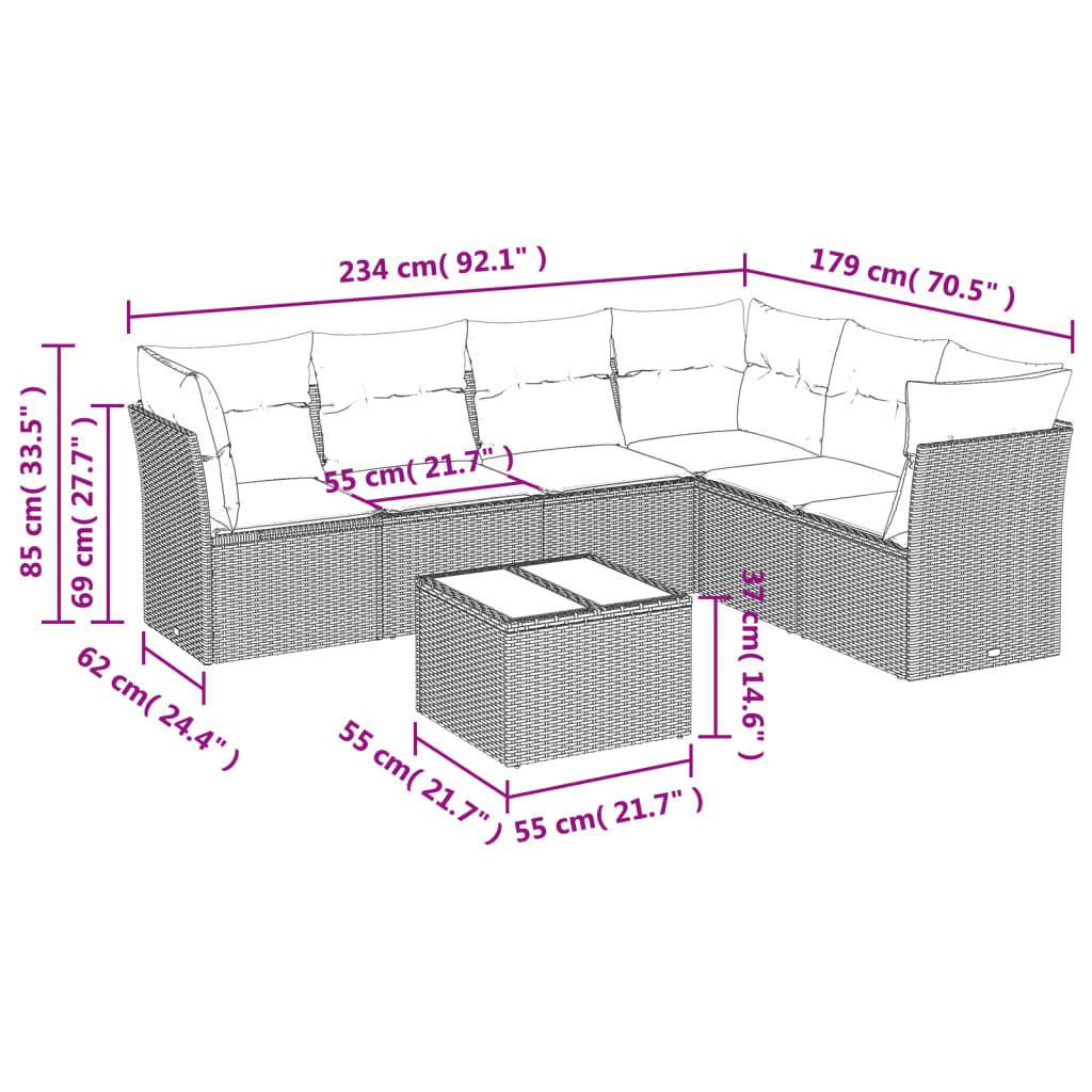 7-tlg. Garten-Sofagarnitur mit Kissen Hellgrau Poly Rattan