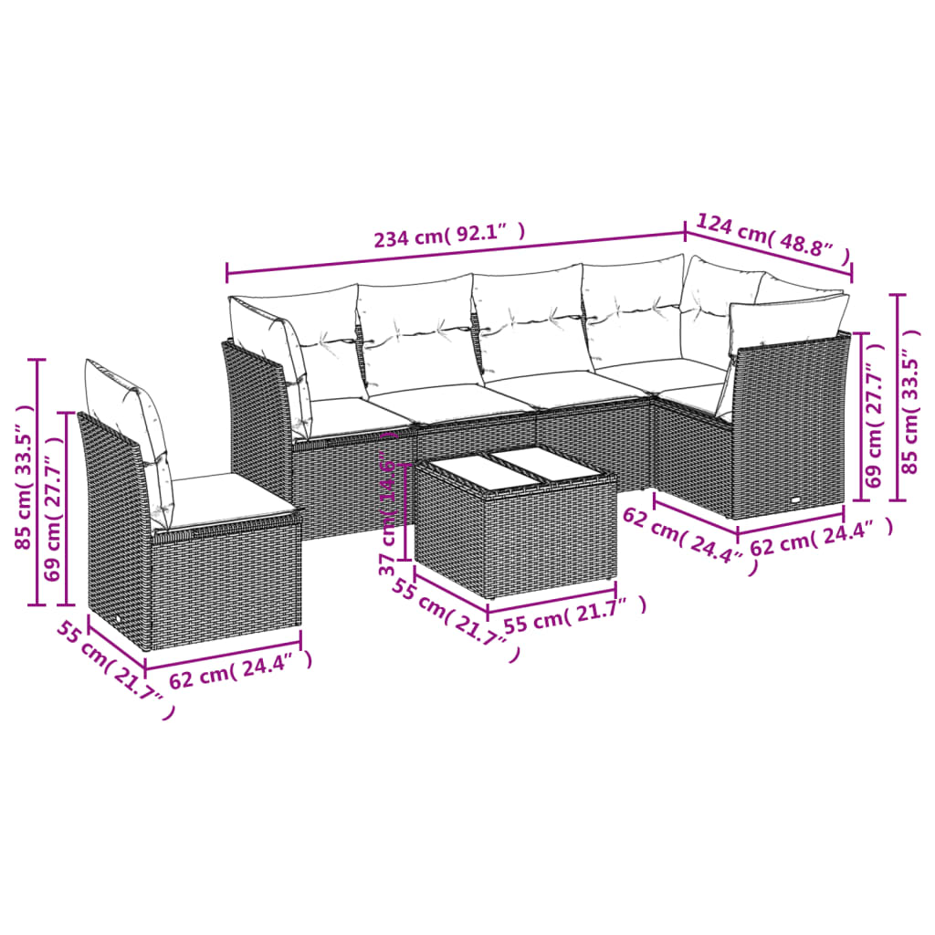 7-tlg. Garten-Sofagarnitur mit Kissen Hellgrau Poly Rattan