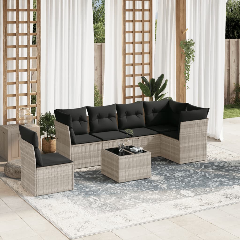 7-tlg. Garten-Sofagarnitur mit Kissen Hellgrau Poly Rattan