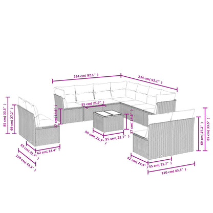 12-tlg. Garten-Sofagarnitur mit Kissen Hellgrau Poly Rattan