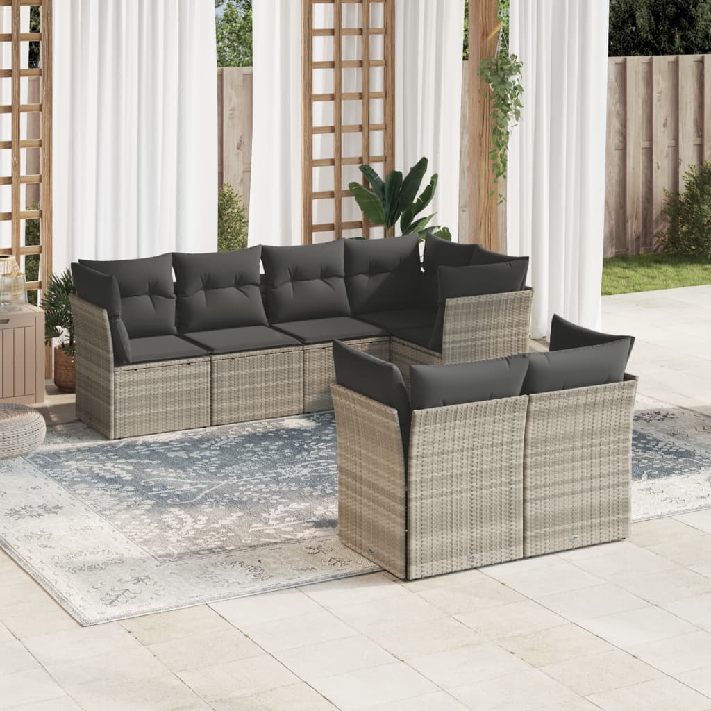 7-tlg. Garten-Sofagarnitur mit Kissen Hellgrau Poly Rattan