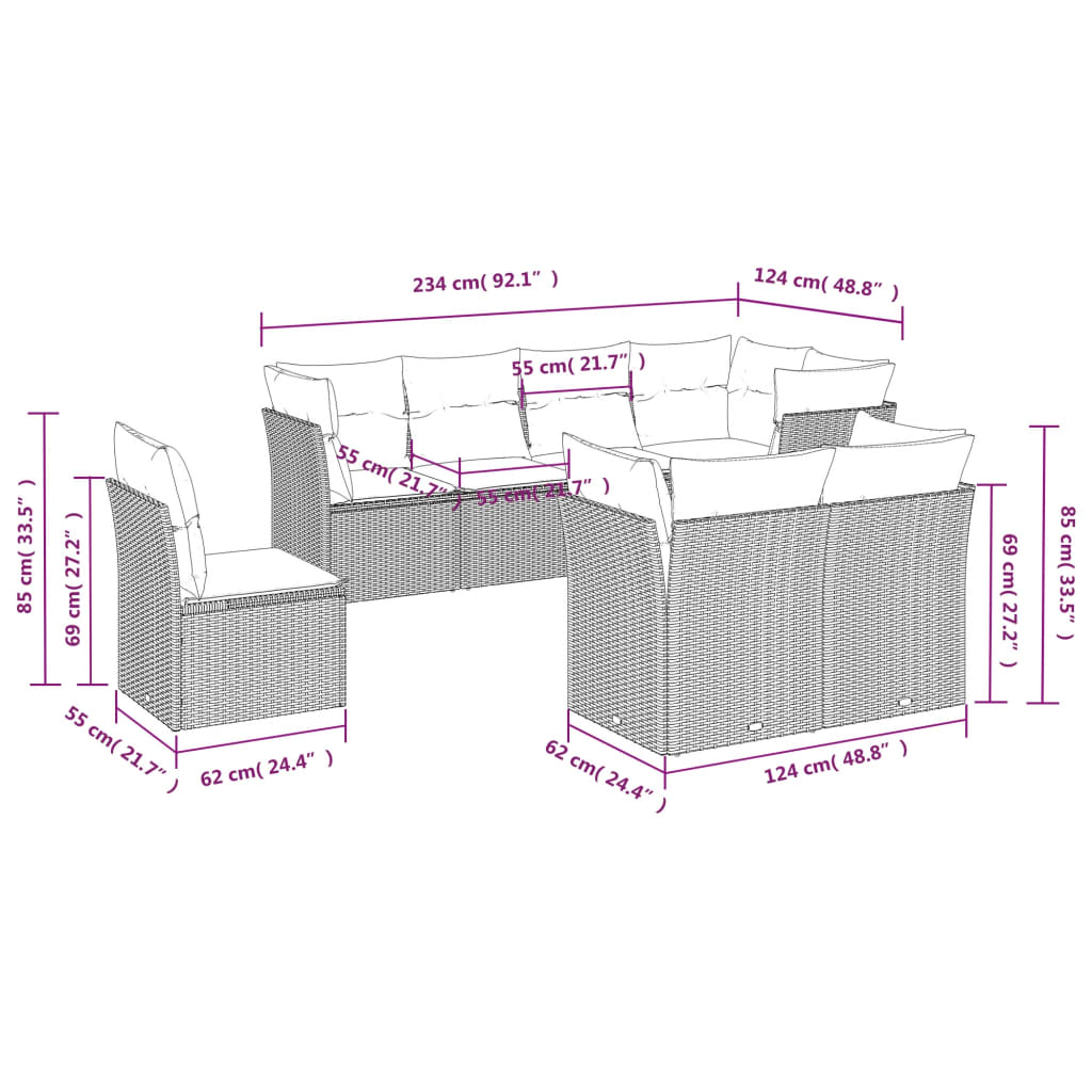 8-tlg. Garten-Sofagarnitur mit Kissen Hellgrau Poly Rattan