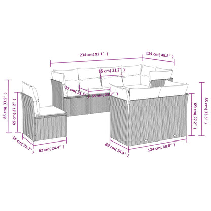 8-tlg. Garten-Sofagarnitur mit Kissen Hellgrau Poly Rattan