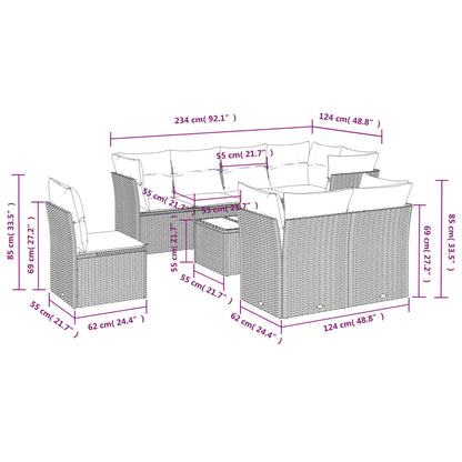 9-tlg. Garten-Sofagarnitur mit Kissen Hellgrau Poly Rattan