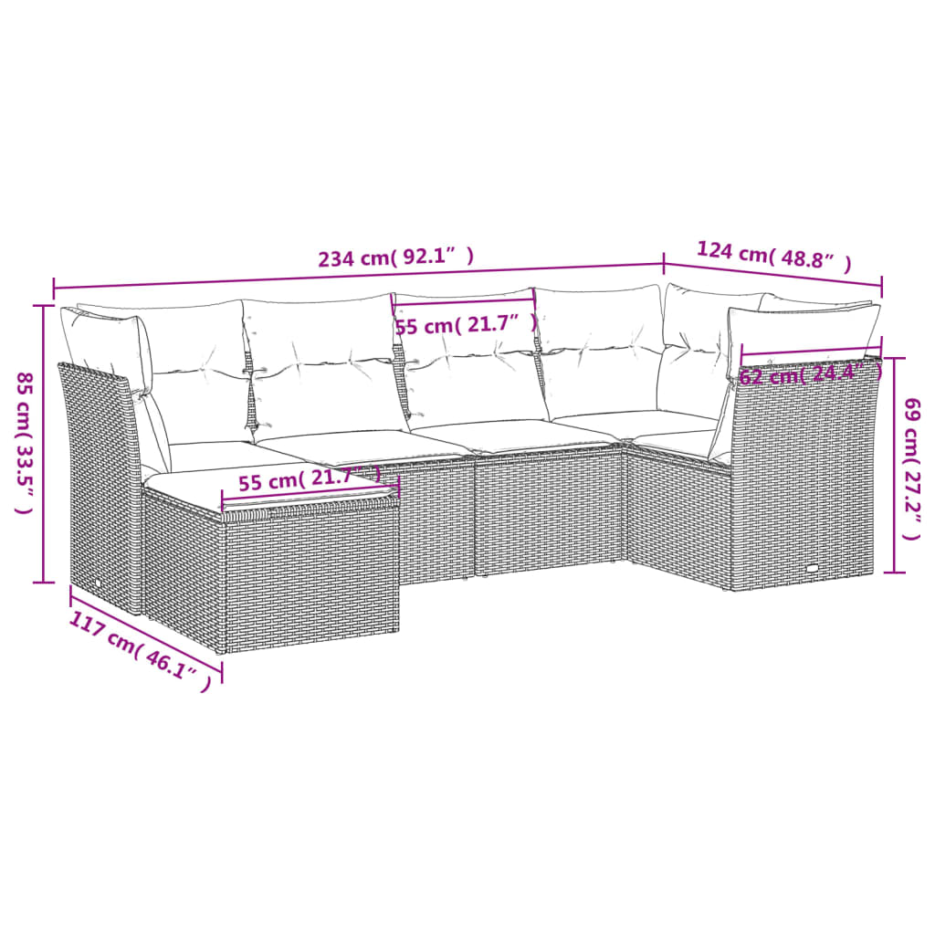 6-tlg. Garten-Sofagarnitur mit Kissen Hellgrau Poly Rattan