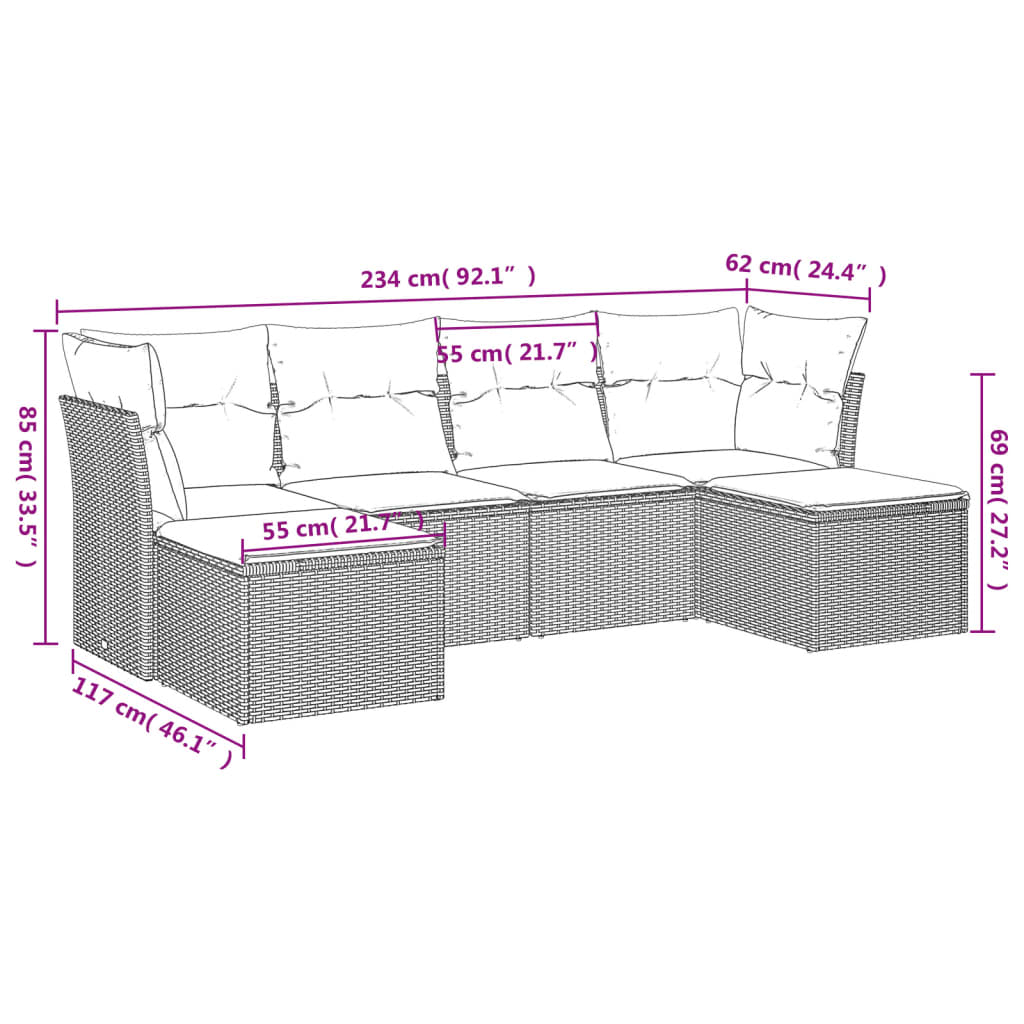 6-tlg. Garten-Sofagarnitur mit Kissen Hellgrau Poly Rattan