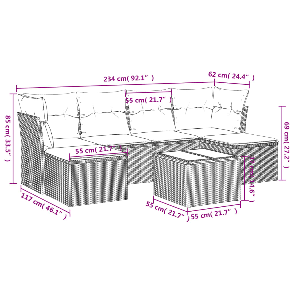 7-tlg. Garten-Sofagarnitur mit Kissen Hellgrau Poly Rattan