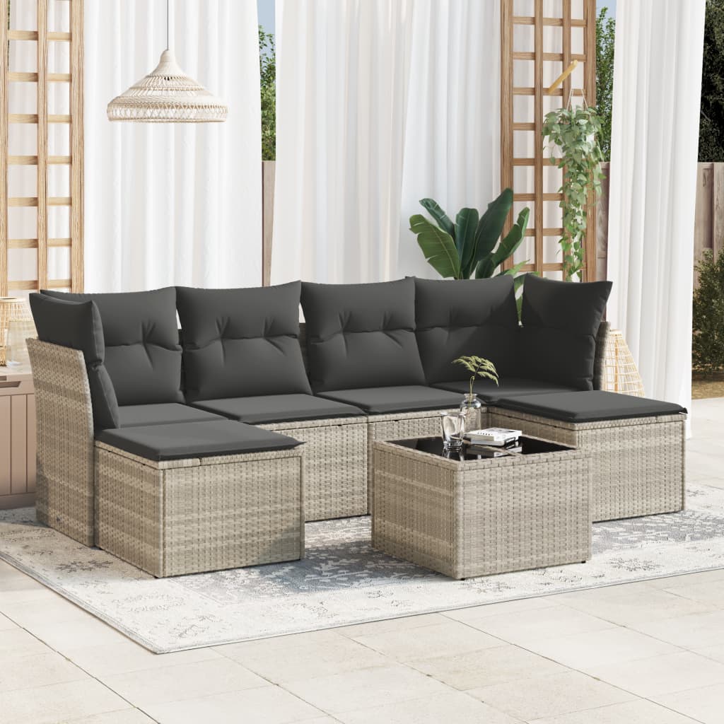 7-tlg. Garten-Sofagarnitur mit Kissen Hellgrau Poly Rattan