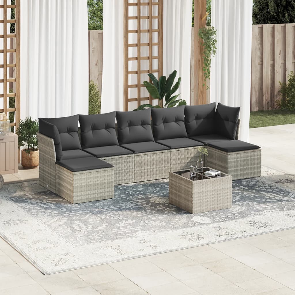 8-tlg. Garten-Sofagarnitur mit Kissen Hellgrau Poly Rattan