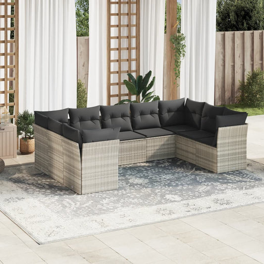 9-tlg. Garten-Sofagarnitur mit Kissen Hellgrau Poly Rattan