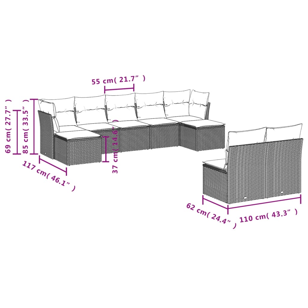 9-tlg. Garten-Sofagarnitur mit Kissen Hellgrau Poly Rattan