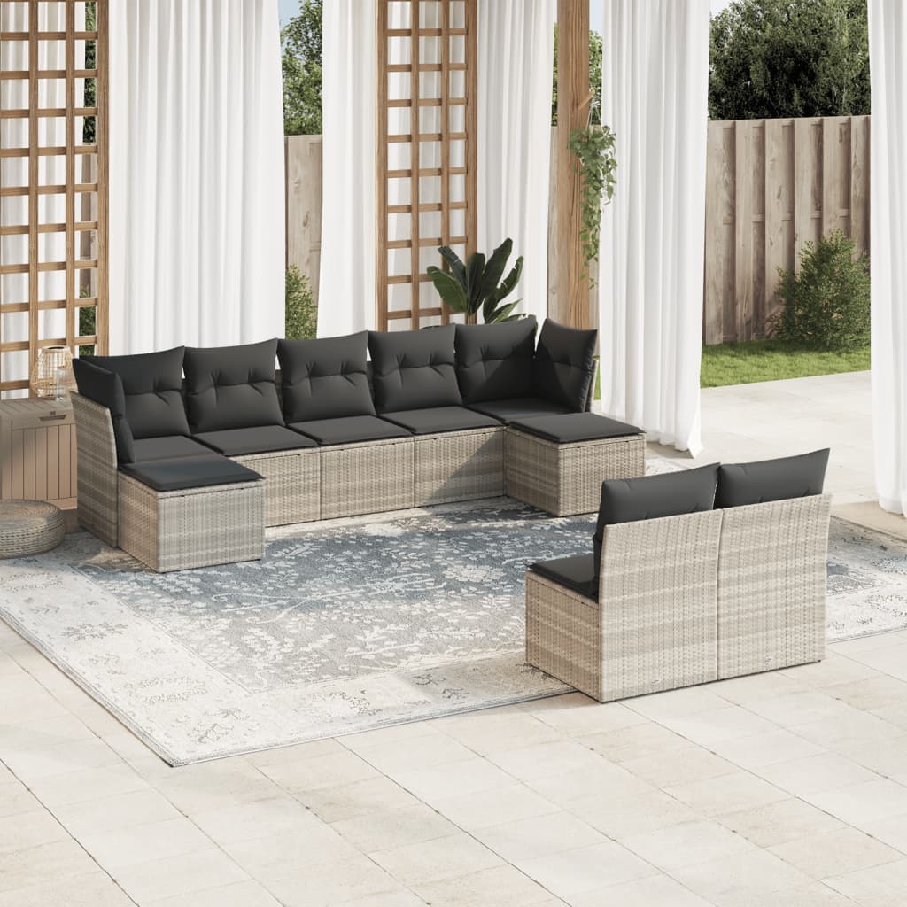 9-tlg. Garten-Sofagarnitur mit Kissen Hellgrau Poly Rattan