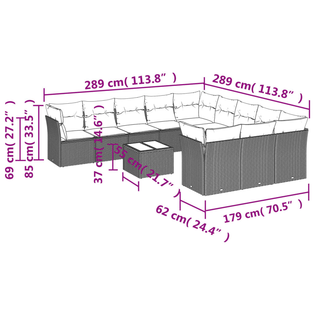 12-tlg. Garten-Sofagarnitur mit Kissen Hellgrau Poly Rattan