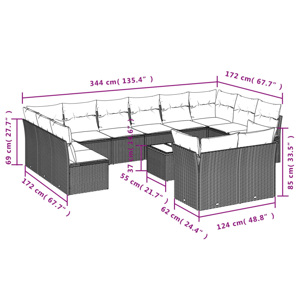 13-tlg. Garten-Sofagarnitur mit Kissen Hellgrau Poly Rattan