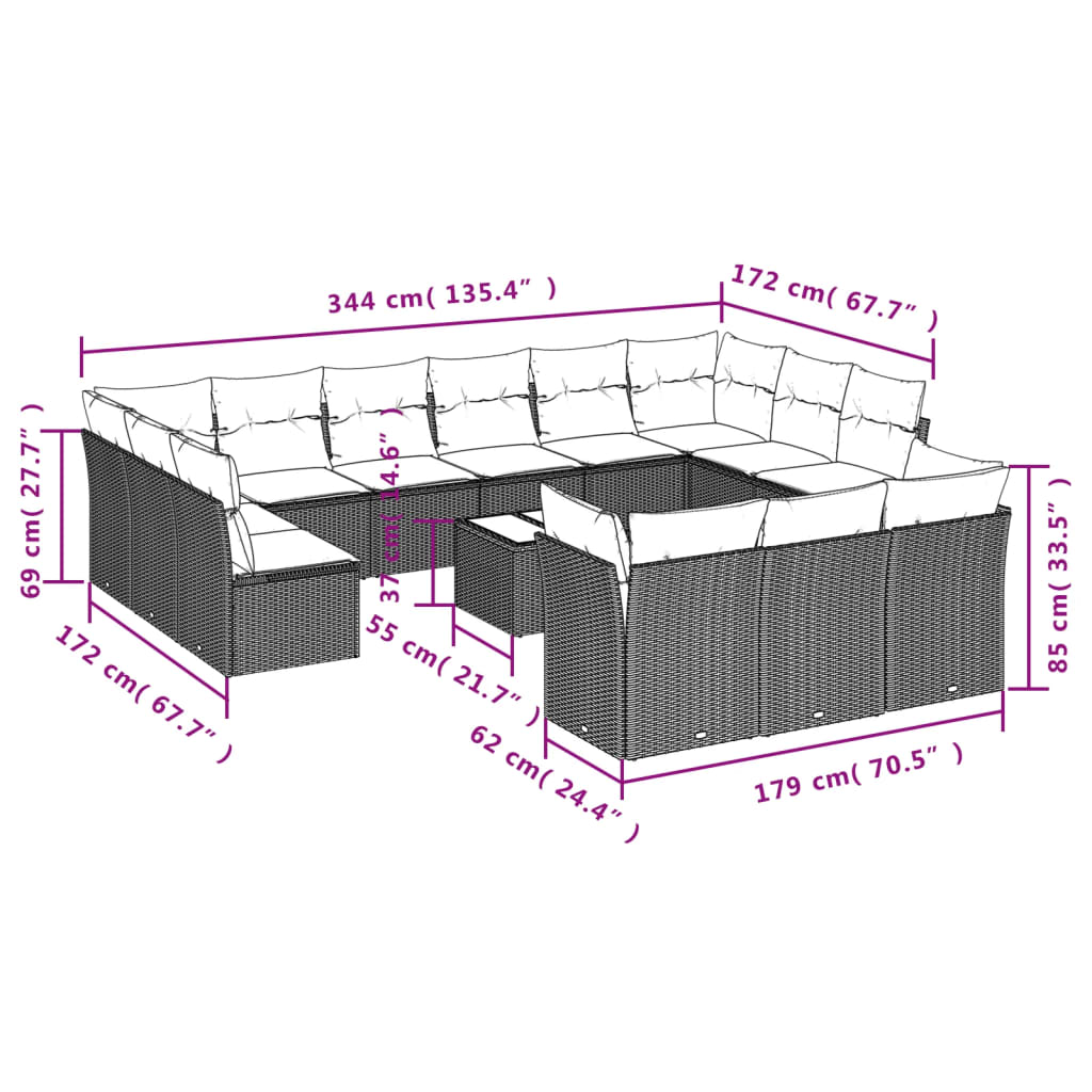 14-tlg. Garten-Sofagarnitur mit Kissen Hellgrau Poly Rattan