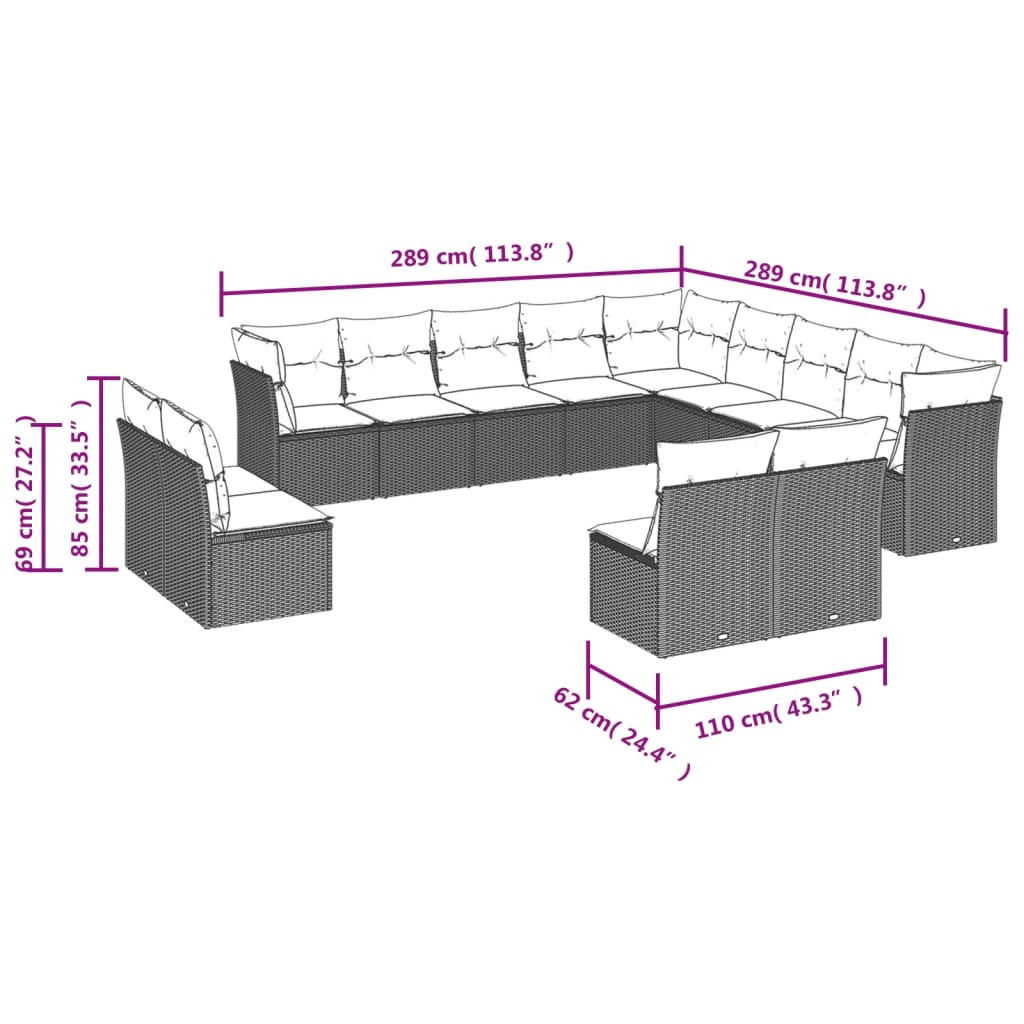 13-tlg. Garten-Sofagarnitur mit Kissen Hellgrau Poly Rattan