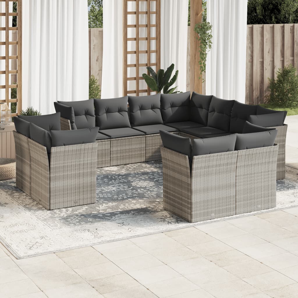 11-tlg. Garten-Sofagarnitur mit Kissen Hellgrau Poly Rattan