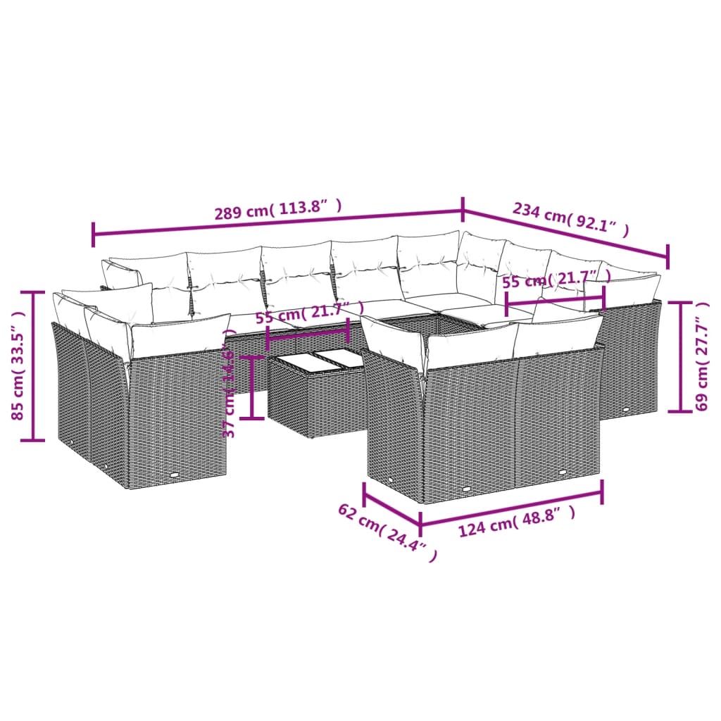 13-tlg. Garten-Sofagarnitur mit Kissen Hellgrau Poly Rattan