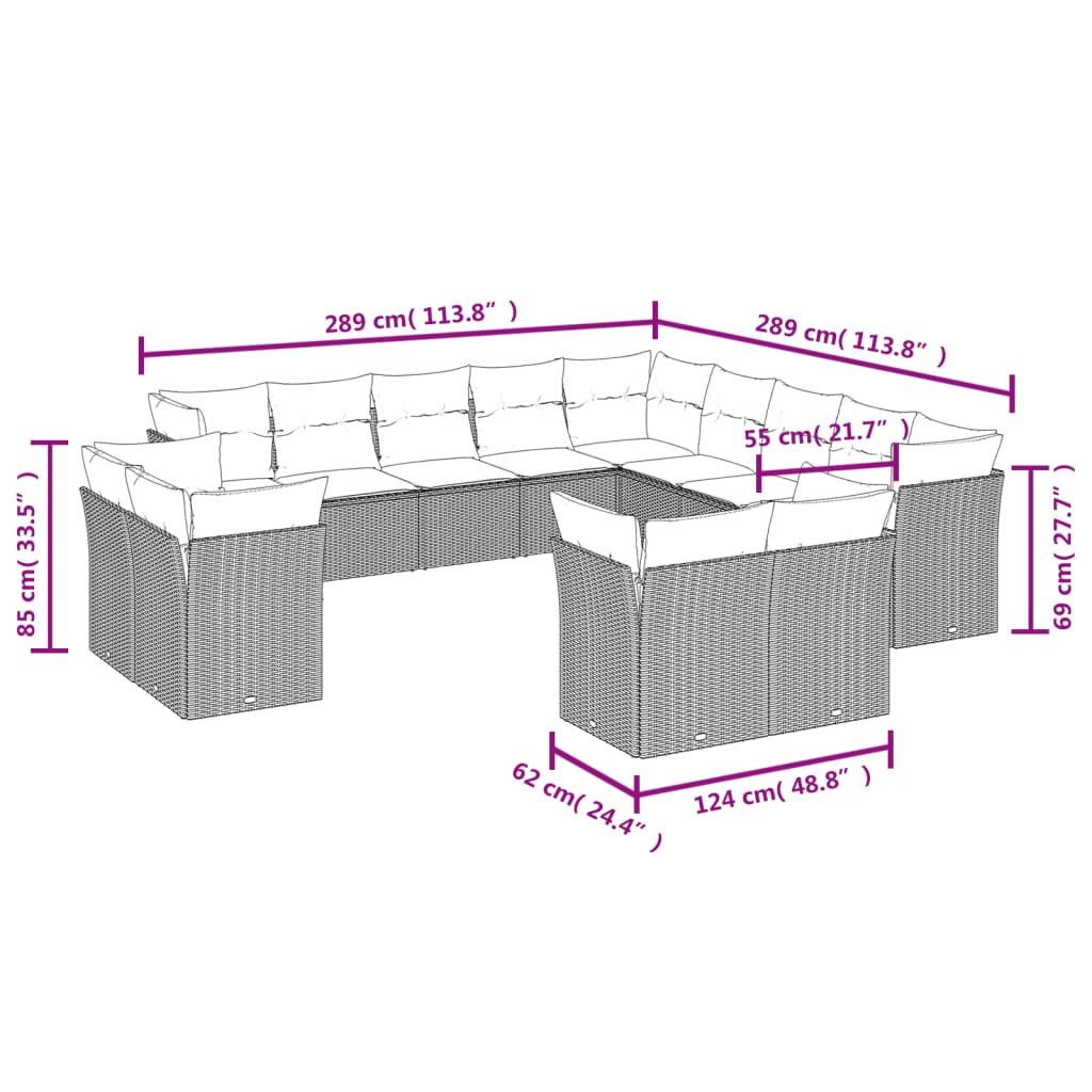 13-tlg. Garten-Sofagarnitur mit Kissen Hellgrau Poly Rattan