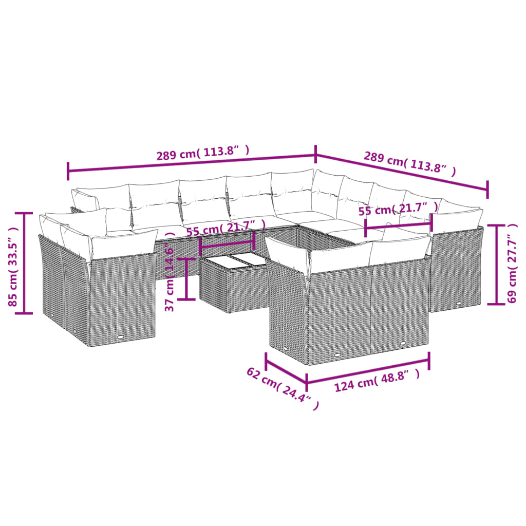 14-tlg. Garten-Sofagarnitur mit Kissen Hellgrau Poly Rattan