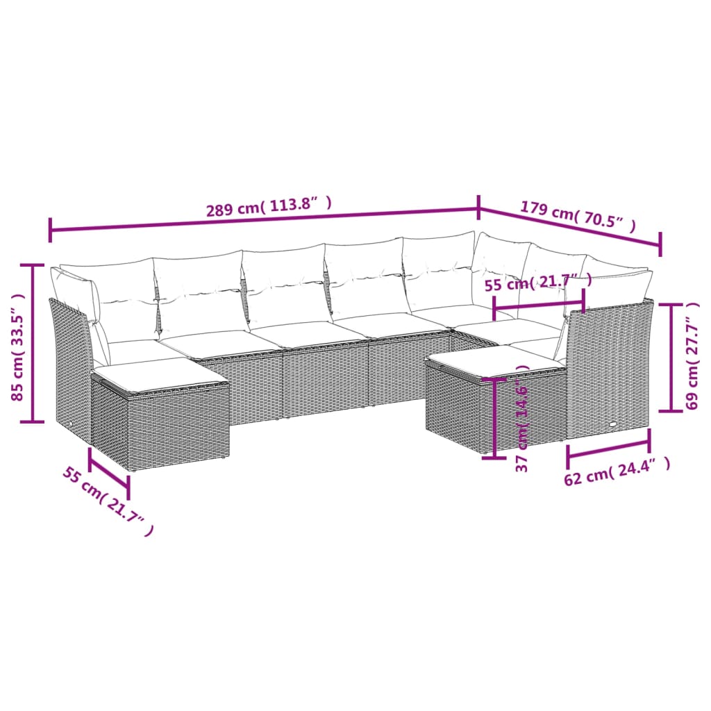 9-tlg. Garten-Sofagarnitur mit Kissen Hellgrau Poly Rattan