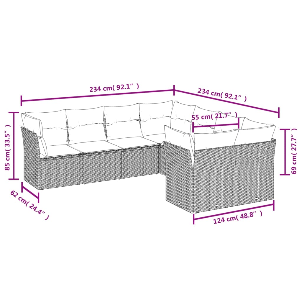 8-tlg. Garten-Sofagarnitur mit Kissen Hellgrau Poly Rattan