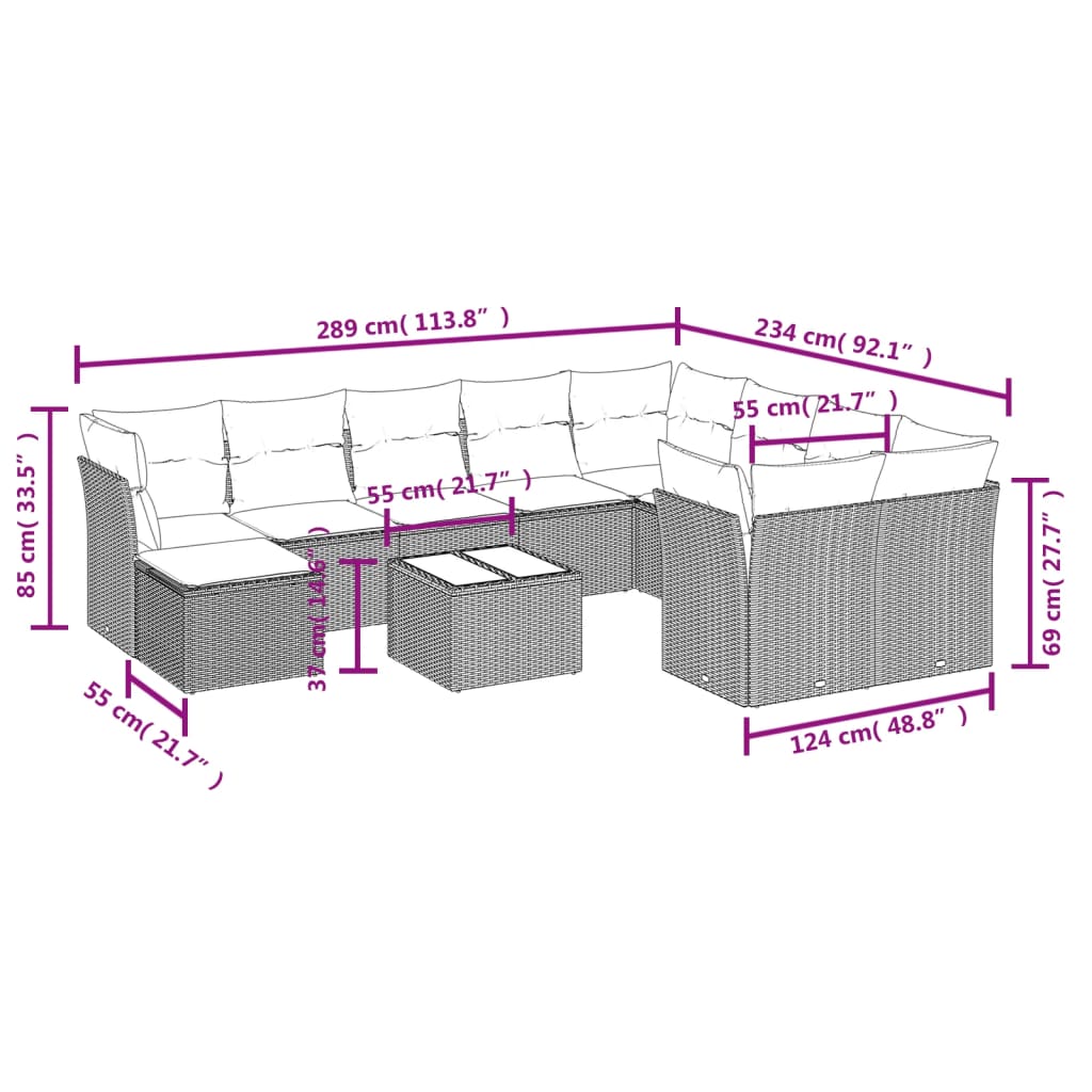 11-tlg. Garten-Sofagarnitur mit Kissen Hellgrau Poly Rattan