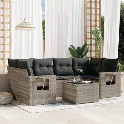 7-tlg. Garten-Sofagarnitur mit Kissen Hellgrau Poly Rattan