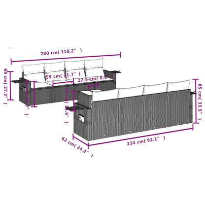 9-tlg. Garten-Sofagarnitur mit Kissen Hellgrau Poly Rattan