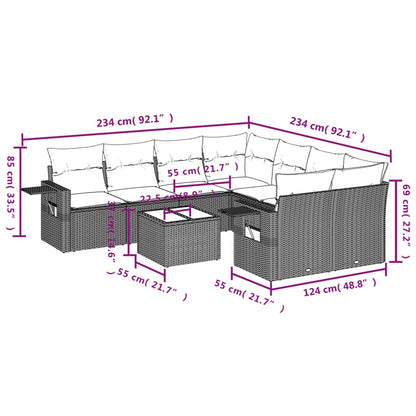 9-tlg. Garten-Sofagarnitur mit Kissen Hellgrau Poly Rattan