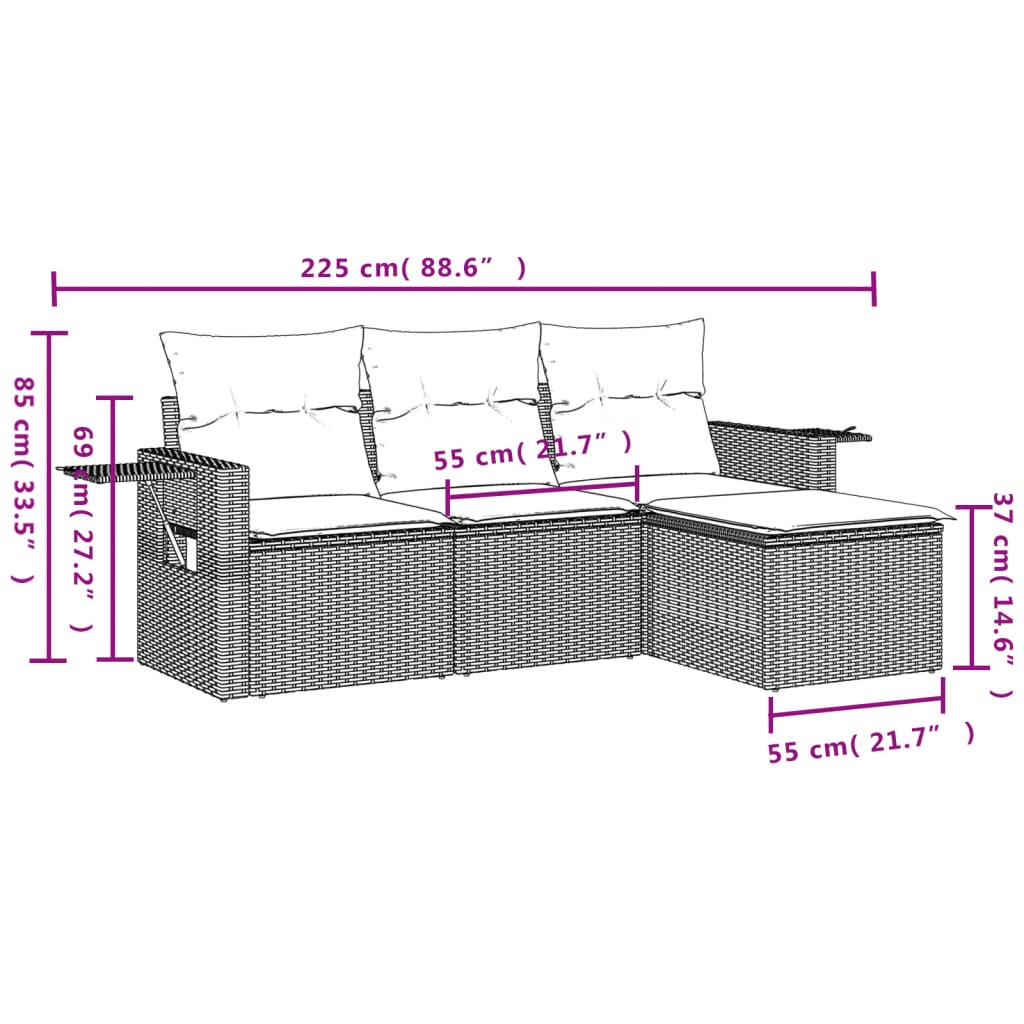 4-tlg. Garten-Sofagarnitur mit Kissen Hellgrau Poly Rattan