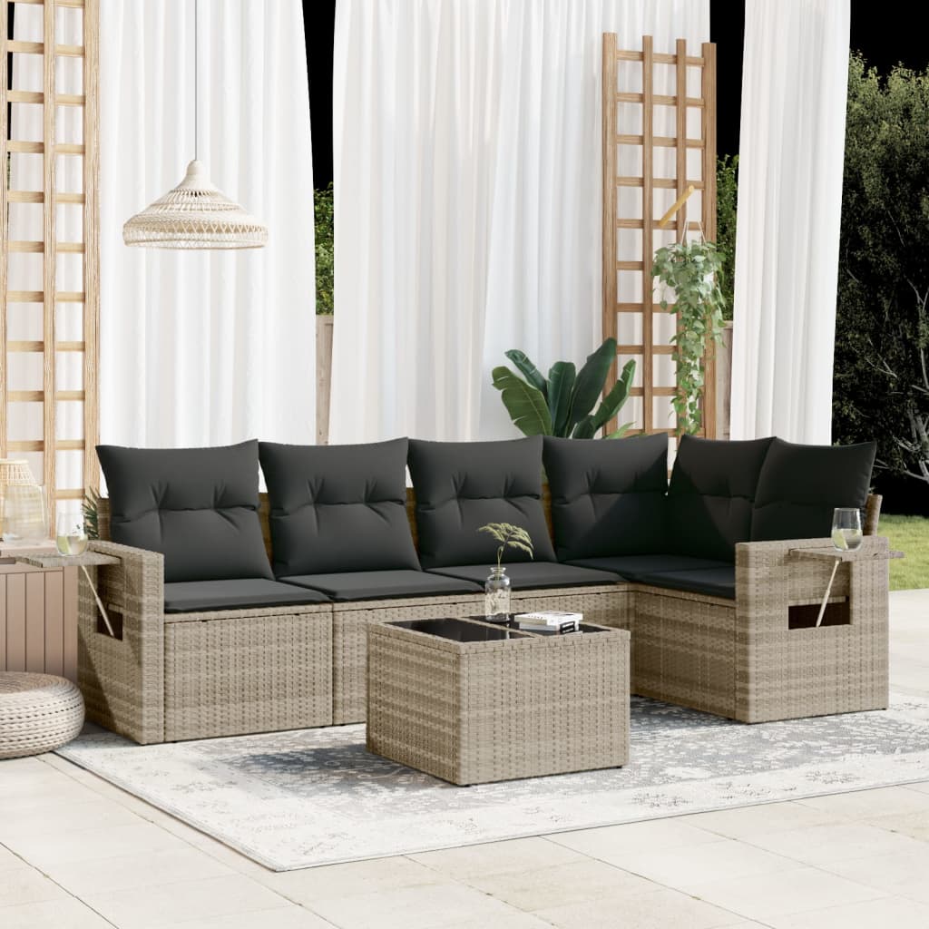 6-tlg. Garten-Sofagarnitur mit Kissen Hellgrau Poly Rattan