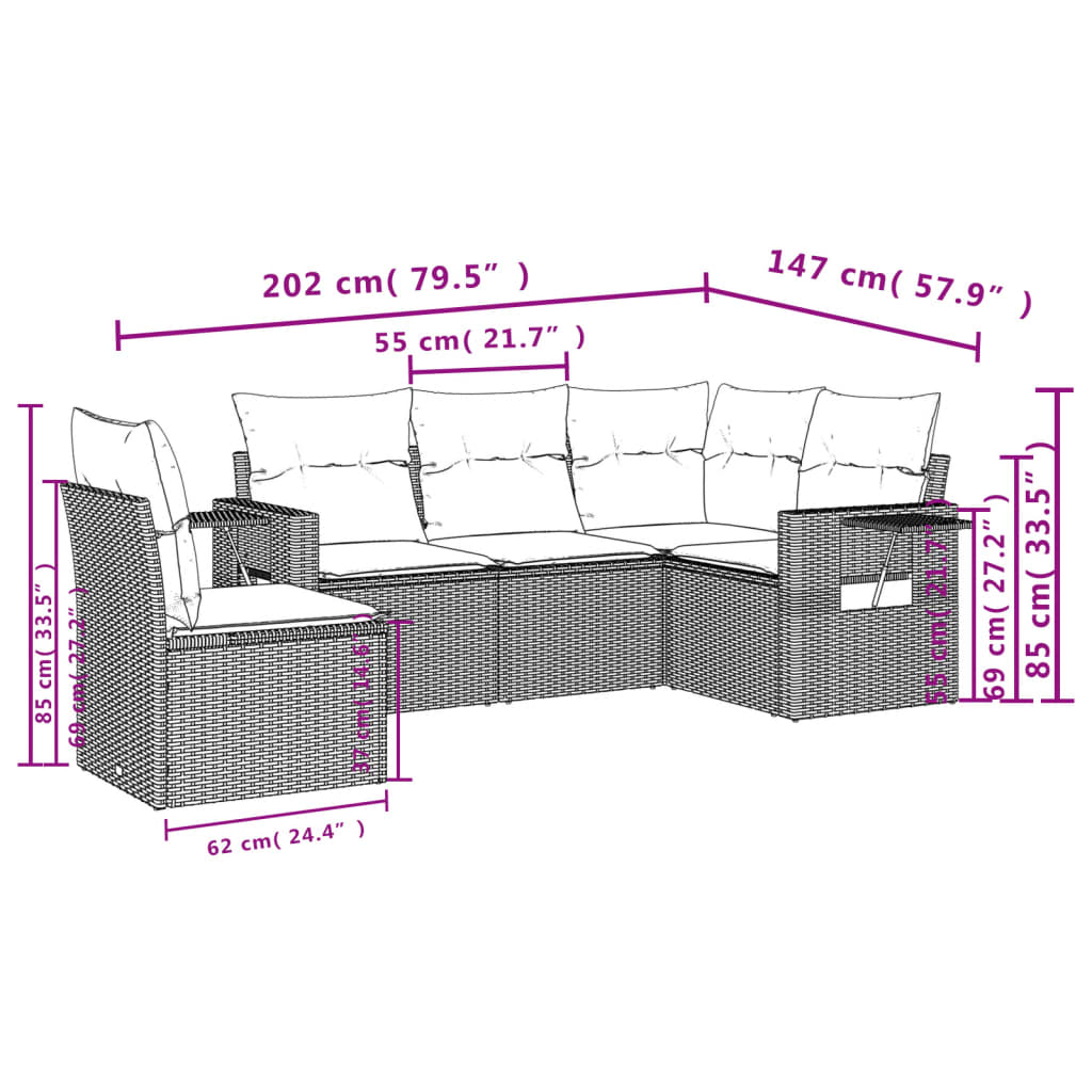 5-tlg. Garten-Sofagarnitur mit Kissen Hellgrau Poly Rattan