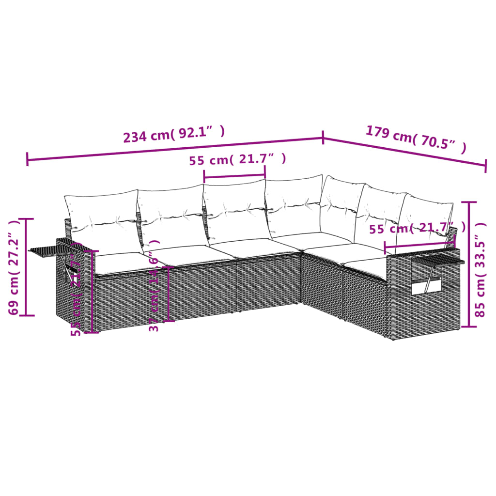 6-tlg. Garten-Sofagarnitur mit Kissen Hellgrau Poly Rattan